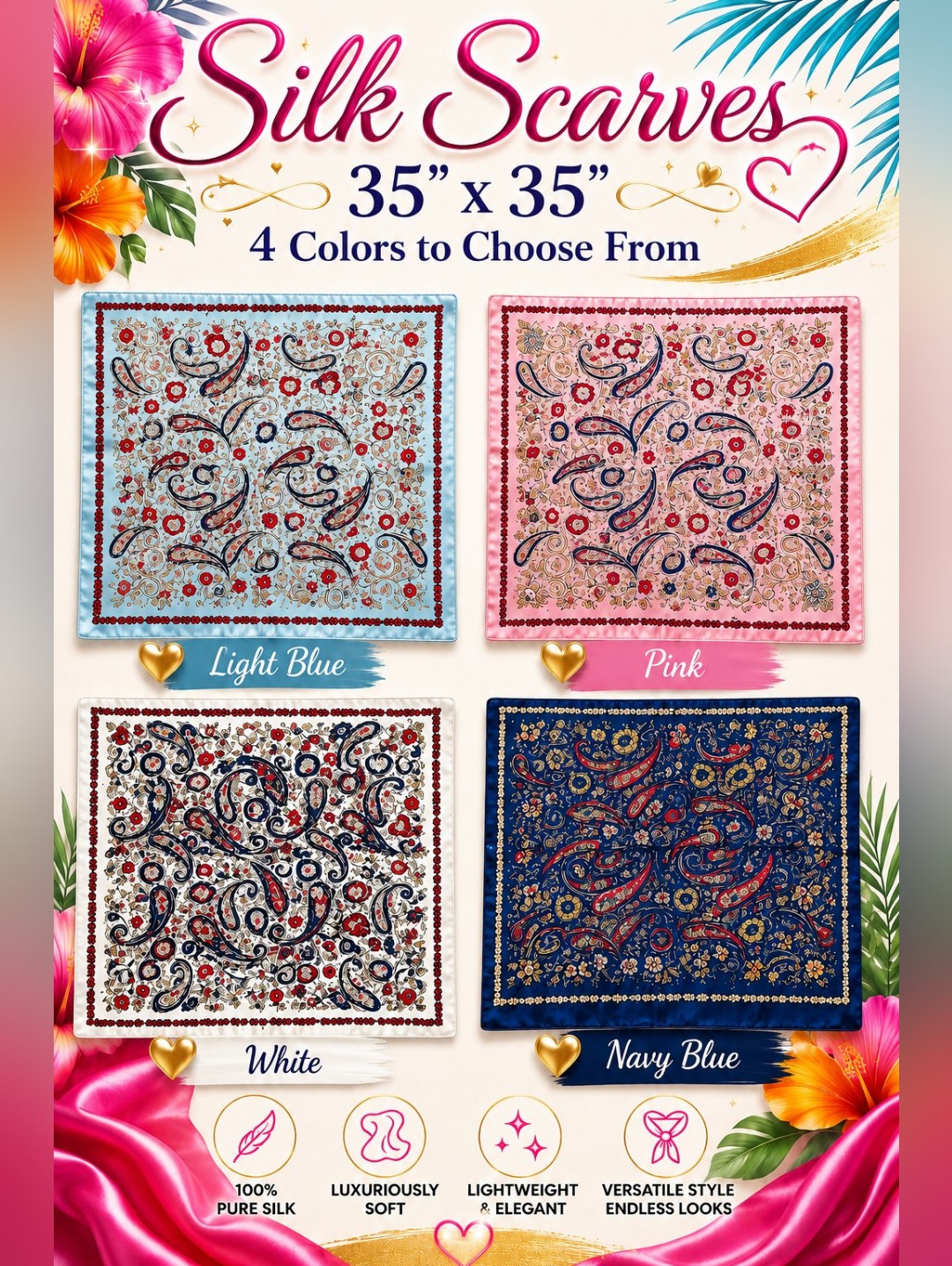 Silk Paisley Square Scarf  Light Blue Pink White Navy Blue